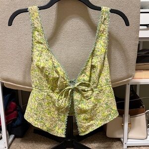 Green floral tank top with tie front